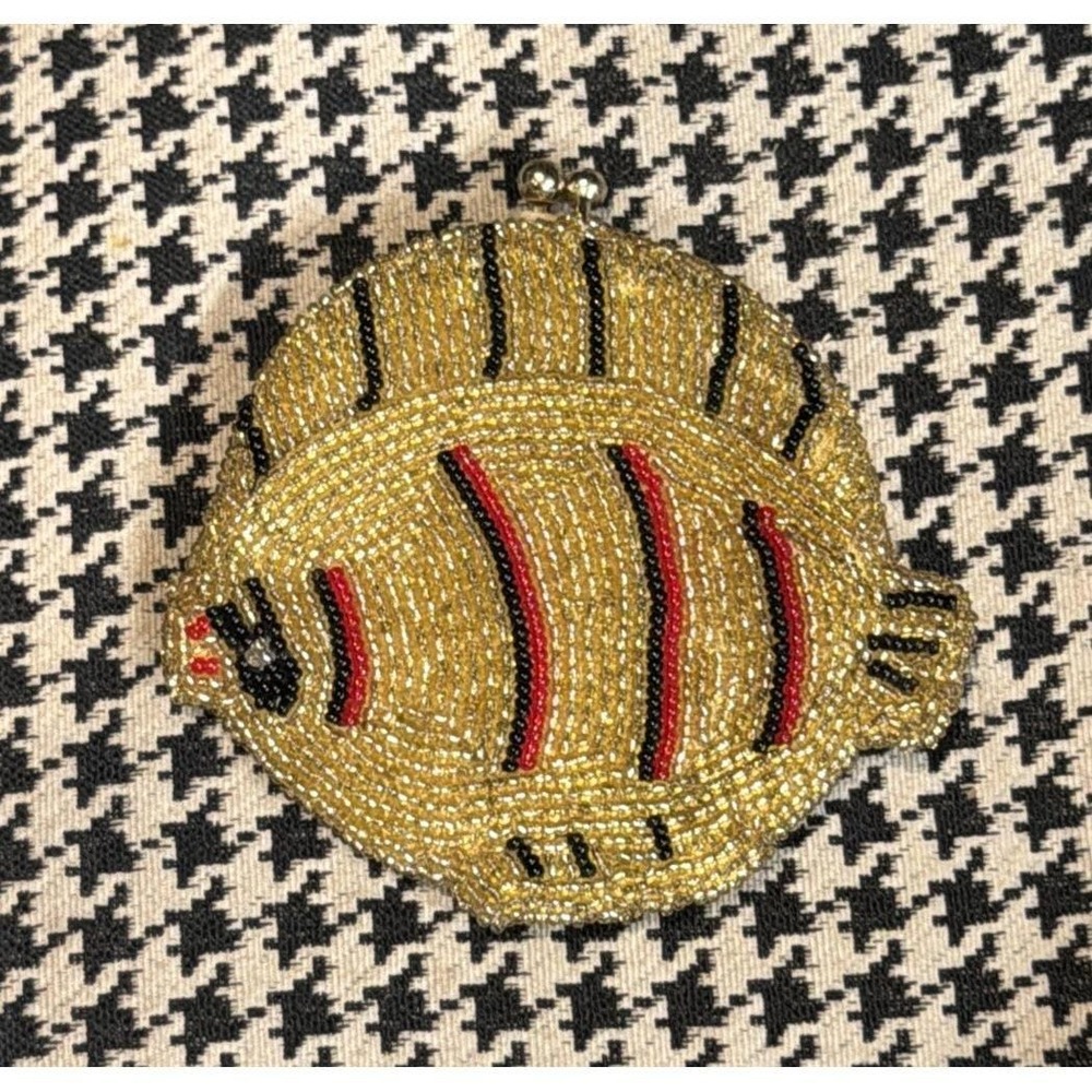 VTG Made in Korea Yellow Red Gold Fish Beaded Coin Purse Holder Figural